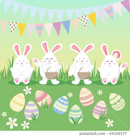Easter vector illustration with egg, bunny (rabbit) and flower. Spring religious holiday. Vector illustrations for a poster, greeting card, invitation or banner. Happy Easter! 64108577