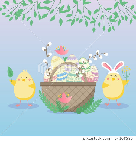 Easter vector illustration with egg, chicken, and flower. Spring religious holiday. Vector illustrations for a poster, greeting card, invitation or banner. Happy Easter! 64108586