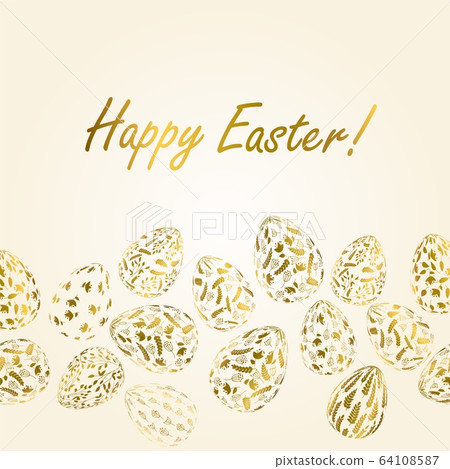 Pattern with realistic Easter eggs. Seamless border vector illustration. Religious holiday background decoration. Golden eggs with plant ornaments on light background. 64108587