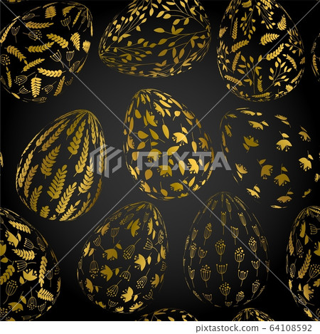 Pattern with realistic Easter eggs. Seamless texture vector illustration. Religious holiday background decoration. Golden eggs with plant ornaments on dark background. Pattern with realistic Easter eggs. Seamless texture vector illustration. Religious holiday background decoration. Golden eggs with plant ornaments on dark background. 64108592