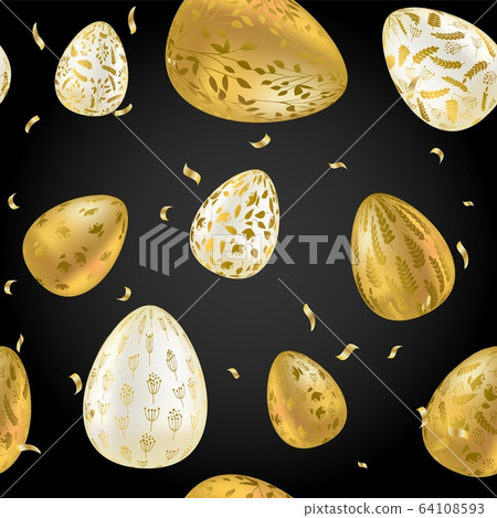 Pattern with realistic Easter eggs. Seamless texture vector illustration. Religious holiday background decoration. Golden eggs with plant ornaments on dark background. 64108593
