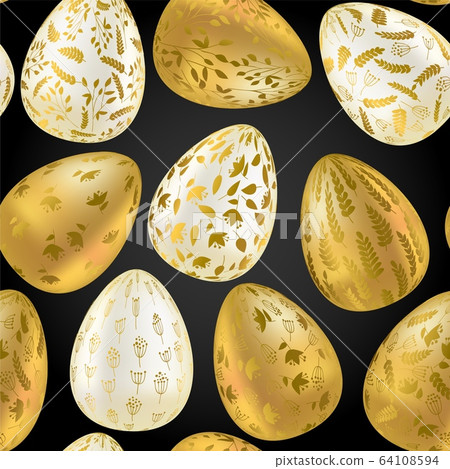 Pattern with realistic Easter eggs. Seamless texture vector illustration. Religious holiday background decoration. Golden eggs with plant ornaments on dark background. Pattern with realistic Easter eggs. Seamless texture vector illustration. Religious holiday background decoration. Golden eggs with plant ornaments on dark background. 64108594