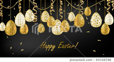 Easter egg. Greeting card with Golden eggs. Religious holiday vector illustration for poster, flyer. Decorate Golden eggs with plant ornaments on a dark background. Easter egg. Greeting card with Golden eggs. Religious holiday vector illustration for poster, flyer. Decorate Golden eggs with plant ornaments on a dark background. 64108596