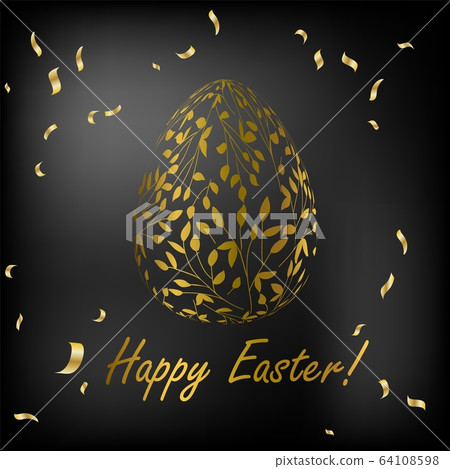 Easter egg. Greeting card with Golden eggs. Religious holiday vector illustration for poster, flyer. Decorate Golden eggs with plant ornaments on a dark background. Easter egg. Greeting card with Golden eggs. Religious holiday vector illustration for poster, flyer. Decorate Golden eggs with plant ornaments on a dark background. 64108598