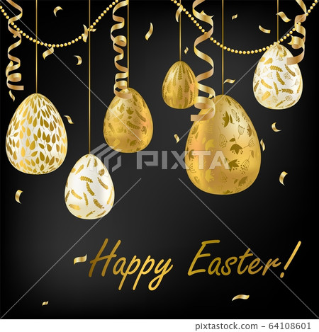 Easter egg. Greeting card with Golden eggs. Religious holiday vector illustration for poster, flyer. Decorate Golden eggs with plant ornaments on a dark background. Easter egg. Greeting card with Golden eggs. Religious holiday vector illustration for poster, flyer. Decorate Golden eggs with plant ornaments on a dark background. 64108601