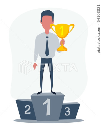 Cartoon male character with a winner's cup on the podium. 64108821