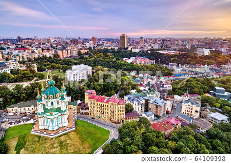 Saint Andrew church and Andriyivskyy Descent in Kiev, Ukraine Saint Andrew church and Andriyivskyy Descent in Kiev, Ukraine 64109398