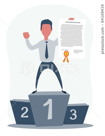 Vector illustration of businessman proudly standing on the winning podium holding up an award 64109419