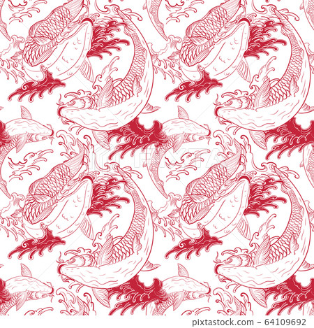 Koi carps Japanese white red seamless pattern 64109692