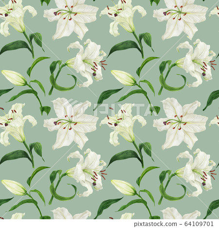 Tropical green seamless pattern with white lily - Stock Illustration ...