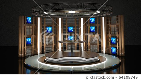 Virtual TV Studio Chat Set 17. 3d Rendering 64109749