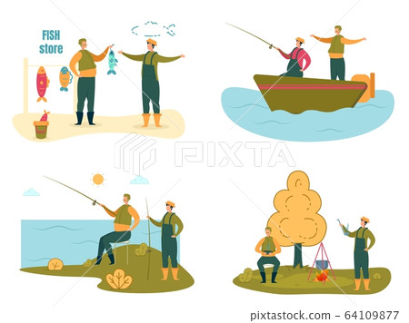 Fishermen or Fishers with Rods and Fishing Outfit. 64109877
