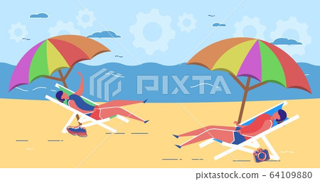 Woman Lying on Chaise and Relax under Umbrella Woman Lying on Chaise and Relax under Umbrella 64109880