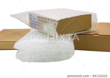 Bubbles covering the box by bubble wrap for protection product cracked  or insurance During transit -isolated white background . 64110420