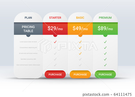 Price comparison table layout template for three products, vector illustration 64111475