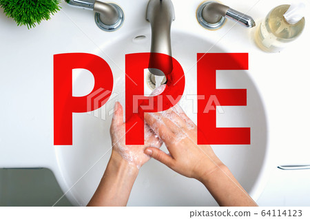 PPE theme with person washing their hands PPE theme with person washing their hands 64114123