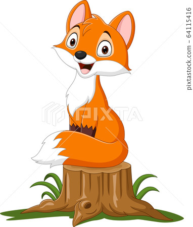 Cartoon happy fox sitting on tree stump Cartoon happy fox sitting on tree stump 64115416