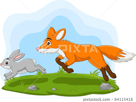 Fox Cathcing Rabbit Cartoon rabbit chased by fox in the forest - Stock Illustration ...