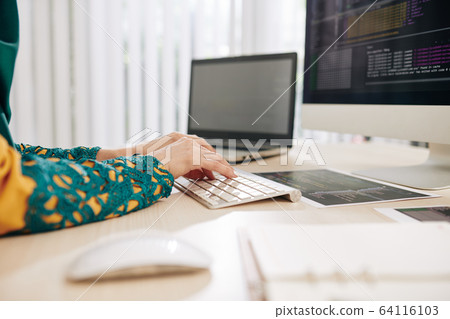 Female coder writing program Female coder writing program 64116103