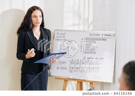 Female entrepreneur showing work results Female entrepreneur showing work results 64116148