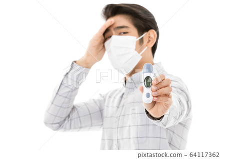Man feel excite when read thermometer 64117362