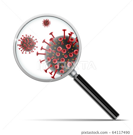 Coronavirus 2019-ncov outbreak. Banner with magnifying glass found red coronavirus molecule. Medical virus disease. vector illustration. 64117490