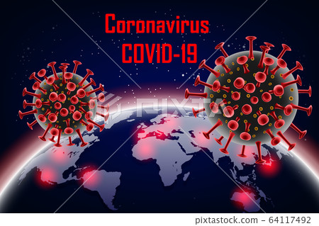 Coronavirus 2019-ncov with earth on background. Wuhan virus disease. Banner with Coronavirus red cell molecule. vector illustration. 64117492