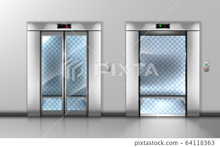 Empty glass elevator with open and closed doors Empty glass elevator with open and closed doors 64118363