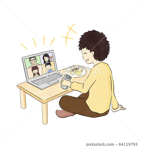 在網上喝酒的男人（彩色手繪） 64119793