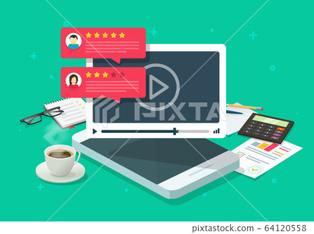 Video content review testimonials online on mobile phone workplace or feedback and reputation rate chat evaluation vector flat cartoon illustration, internet web video player with rating survey image 64120558