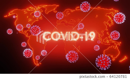 map of earth is highlighted in glow red, particles of coronavirus fly over it. Concept of the coronavirus pandemic covid-19, global problem for all of humanity, earth quarantine. 3d rendering 64120781