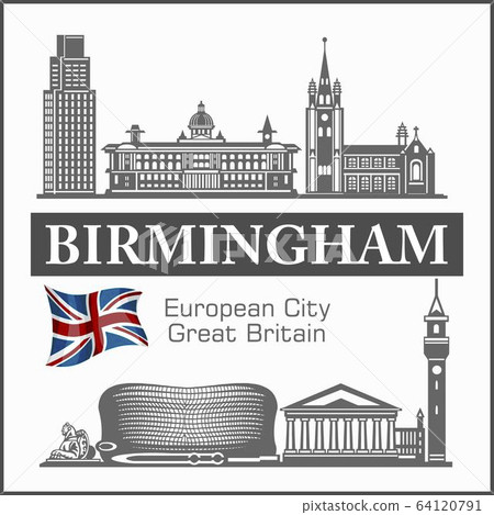 Birmingham - British city skyline black and white silhouette. Vector illustration. Birmingham - British city skyline black and white silhouette. Vector illustration. 64120791