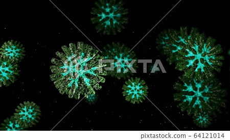 close-up coronavirus type covid-19, h1n1, bird flu or swine flu background. 3d rendering of representation of virus as microbiological microscopic background. Green gray gradient 64121014