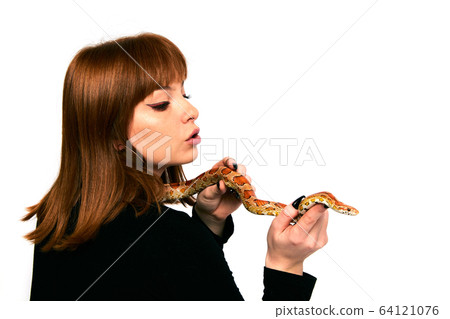 Beautiful woman in black bodywear and snake. Ginger model girl with fashion perfect make up. 64121076