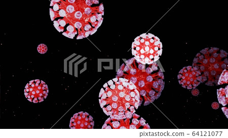 close-up coronavirus type covid-19, h1n1, bird flu or swine flu background. 3d rendering of representation of virus as microbiological microscopic background. Red white gradient color 64121077