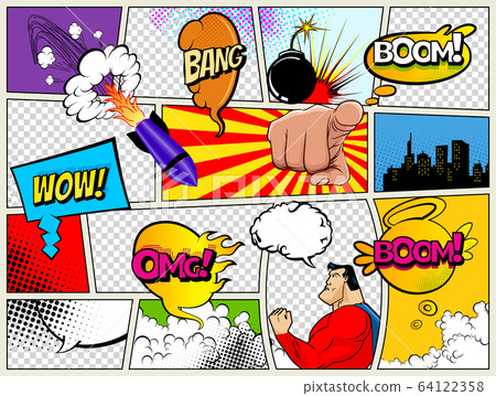 Grunge Retro Comic Speech Bubbles. Background with radial halftone effects and rays in pop-art style. Abstract Talking Clouds and Sounds 64122358