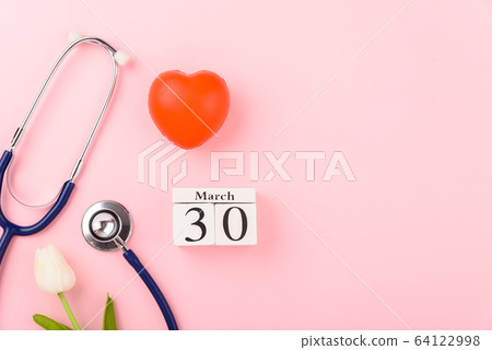 Doctor's Day concept, flat lay top view, equipment Doctor's Day concept, flat lay top view, equipment 64122998