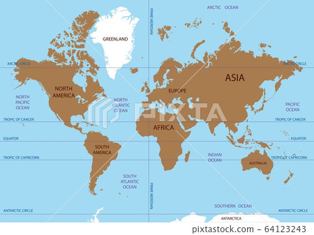 Vector map of the world. Oceans and continents on a flat projection. 64123243