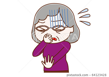 Elderly woman smelling and pinching her nose 64123428