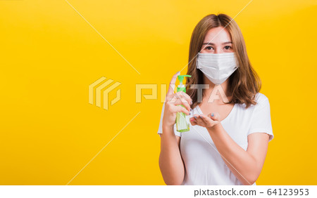 woman wear mask protection clean corona virus on 64123953