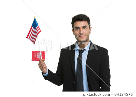 Businessman holding America flag and passport.. 64124576