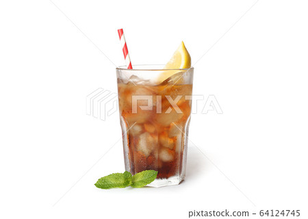 Glass of cold cola with lemon isolated on white 64124745
