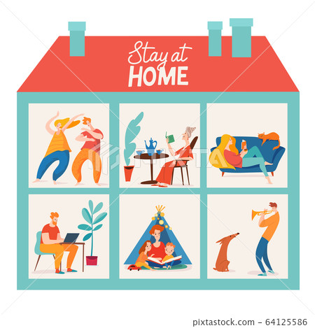 Stay at home vector quarantine poster illustration with family spend time together 64125586