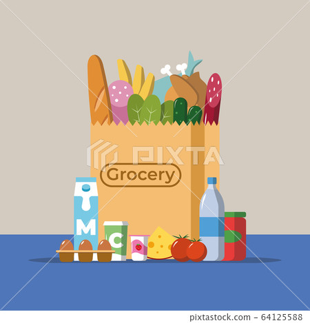Flat design colored vector illustration of food and drink products falling down into paper bag, concept for retail. Flat design colored vector illustration of food and drink products falling down into paper bag, concept for retail. 64125588