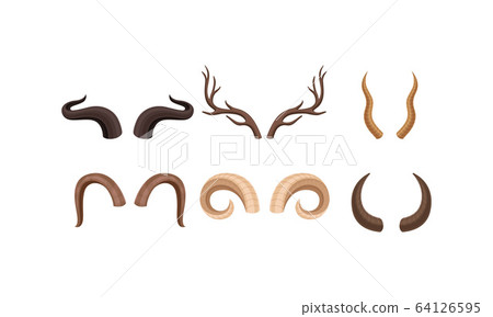 Horns of Different Animals with Ram and Deer Antlers Vector Set 64126595