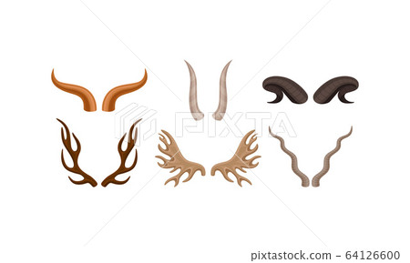 Horns of Different Animals with Ram and Deer Antlers Vector Set 64126600