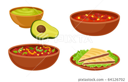 Bowl with Baked Beans and Tacos or Burrito Food Vector Set Bowl with Baked Beans and Tacos or Burrito Food Vector Set 64126702
