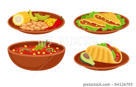 Bowl with Baked Beans and Tacos or Burrito Food Vector Set Bowl with Baked Beans and Tacos or Burrito Food Vector Set 64126705
