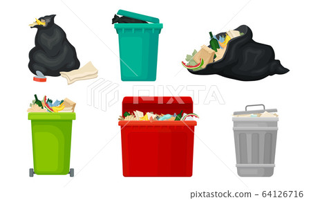 Trash Bins and Sacks Full with Refuse and Garbage Vector Set Trash Bins and Sacks Full with Refuse and Garbage Vector Set 64126716