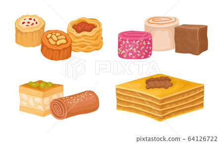 Oriental Sweets and Turkish Delights with Baklava and Rahat Lakoum Vector Set Oriental Sweets and Turkish Delights with Baklava and Rahat Lakoum Vector Set 64126722